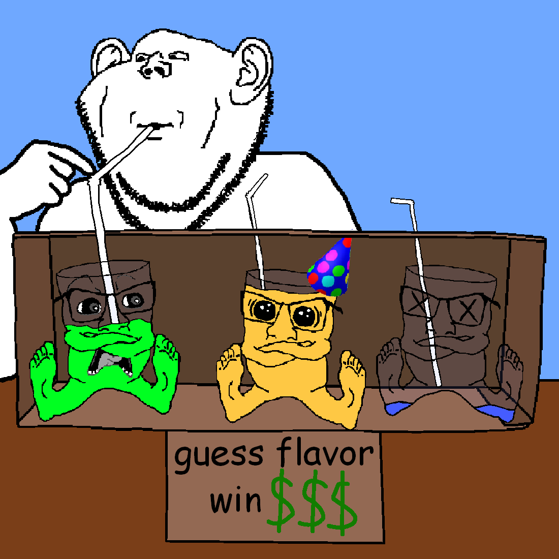 feraljak, impish soyak ears, condiment, doctos, 4soyjaks, bald, black eyes, blue skin, blue sky, cardboard