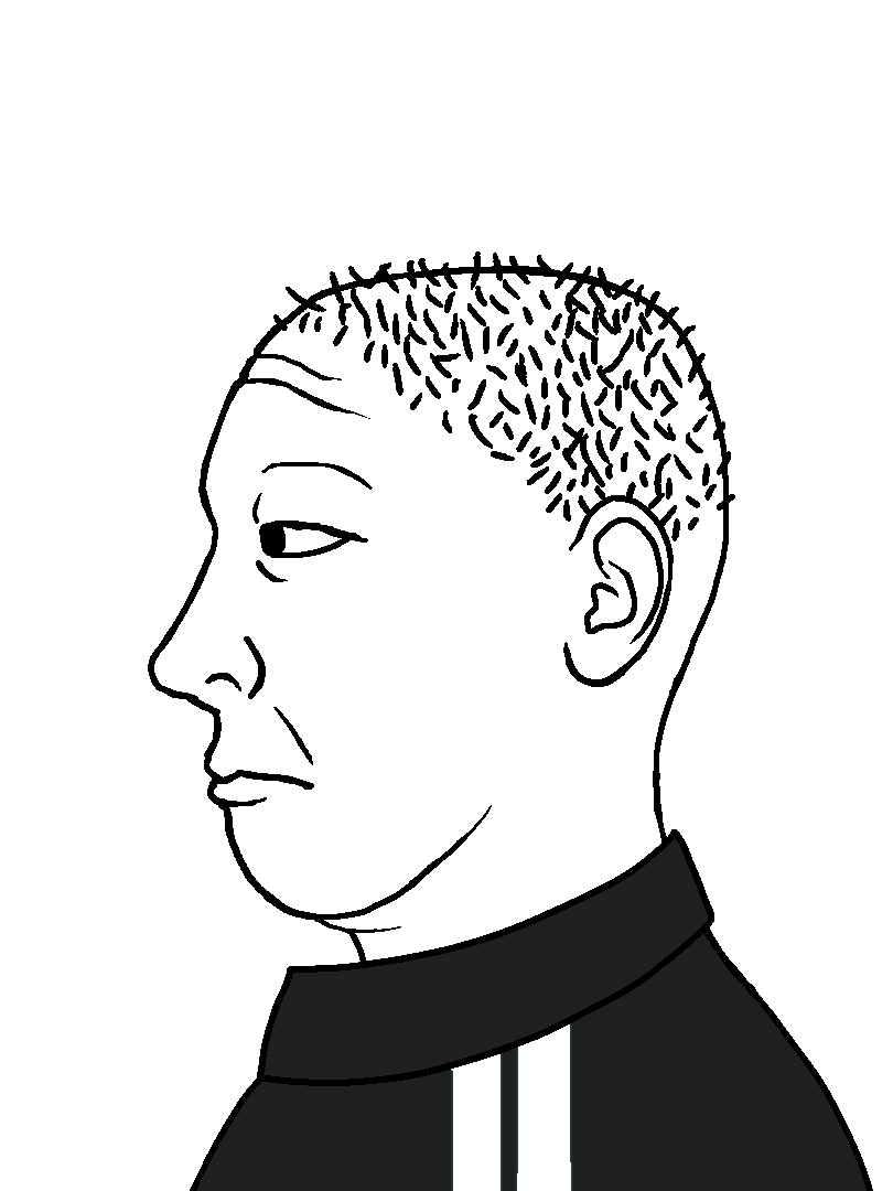 kuzjak, kuzjak side, sidejaks, 1soyjak, closed mouth, clothes, ear, hair, looking to the left, no beard