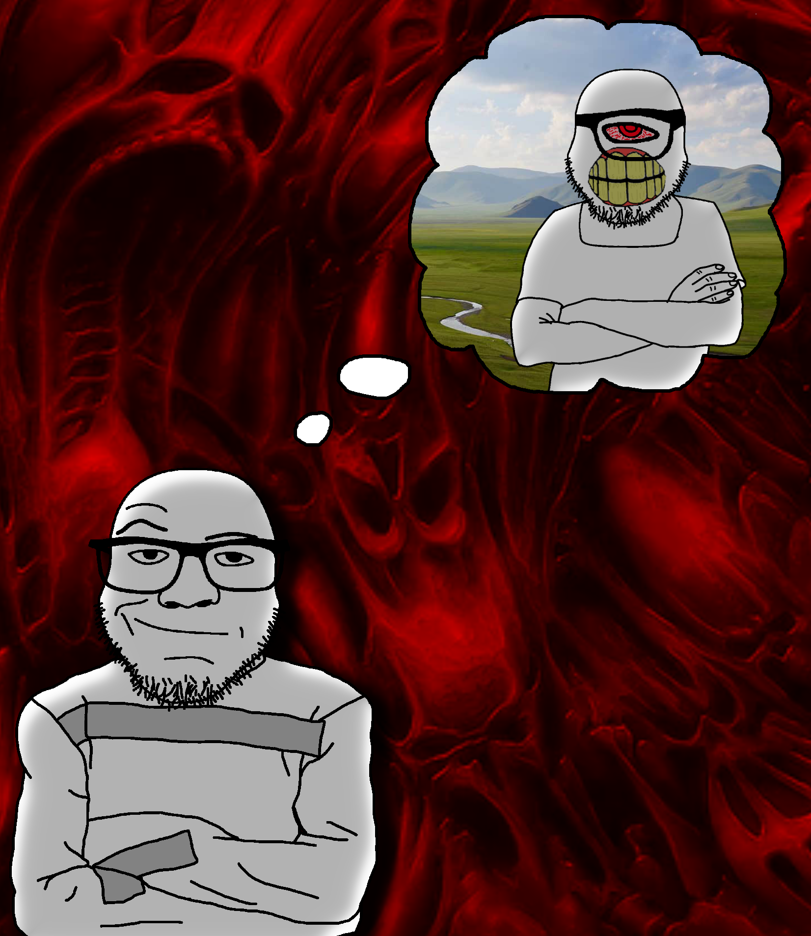 redditjak, 2soyjaks, bald, black eyes, bloodshot eyes, clenched teeth, closed mouth, crossed arms, cyclops, demon