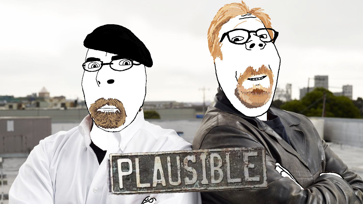 cobson, gapejak, wholesome soyjak, 2soyjaks, adam savage, beard, beret, blonde hair, front view, hair
