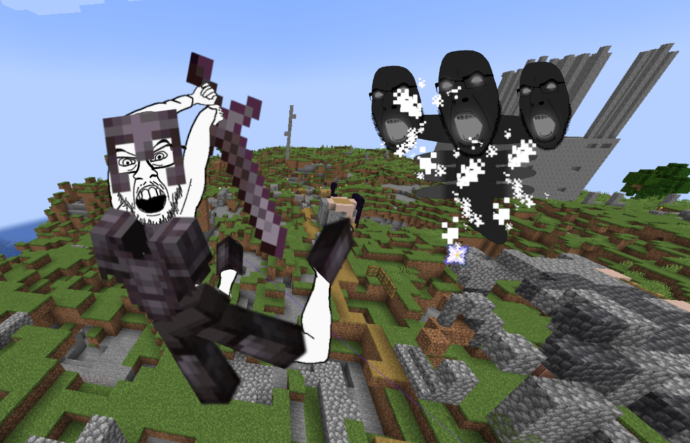 cobson, feraljak, pettygod, 4soyjaks, angry, armor, full body, glasses, holding object, holding sword