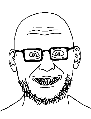 unknown, 1soyjak, bald, clenched teeth, cockmongler, creepy, ear, front view, glasses, grin
