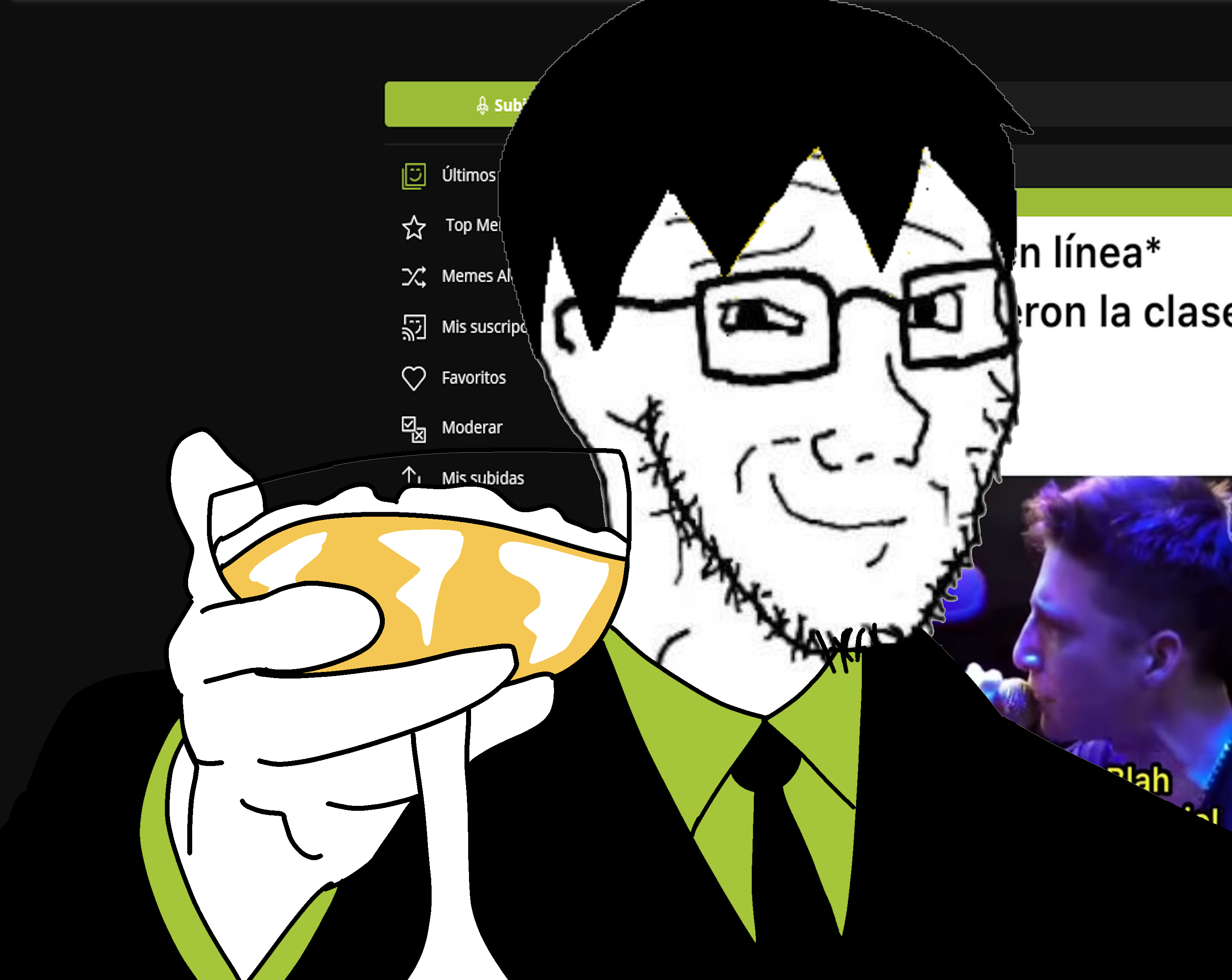 kuko, soyak, soyak (smug) 3, natejak, 1soyjak, black hair, black tie, champagne, cheers, closed mouth