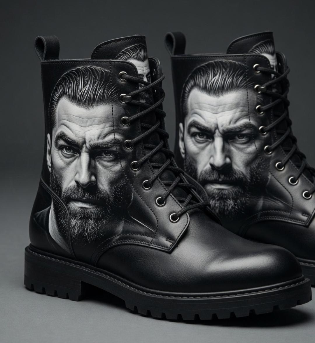 gigachad, beard, black eyes, black hair, black shoes, boot, boots, buff, closed mouth, front view