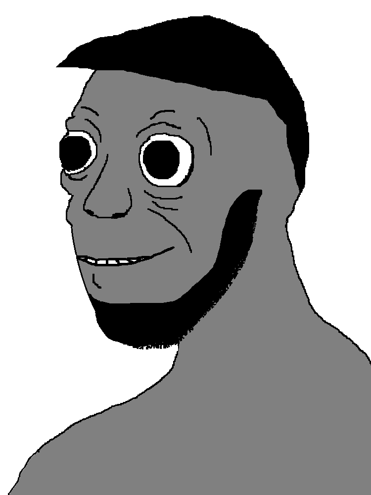 gigachad, flabberjak, gigachaded, 1soyjak, beard, black eyes, black hair, buff, closed mouth, flabbergasted