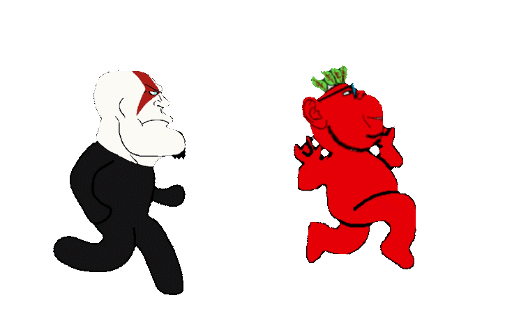 impish soyak ears, meximutt, mexiaryan, 2soyjaks, angry, animated, black eyes, blue eyes, buff, chase