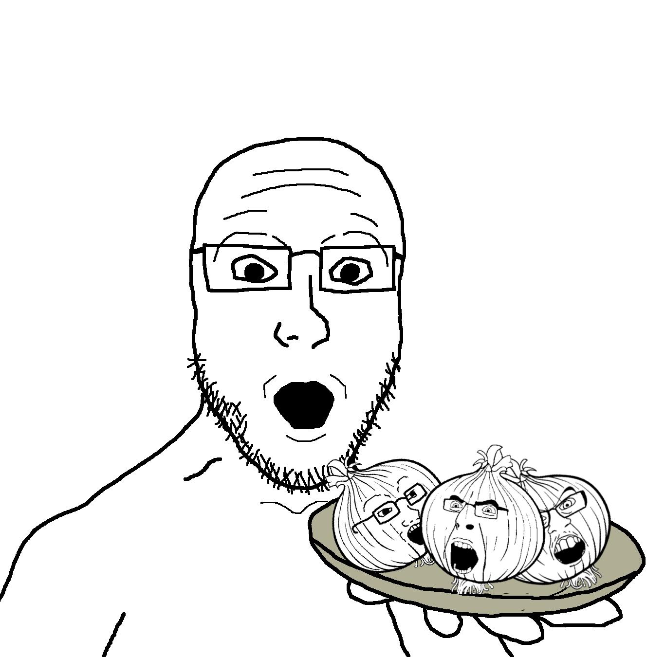 cobson, feraljak, platejak, soyak, foodeez!, 4soyjaks, bald, black eyes, front view, glasses