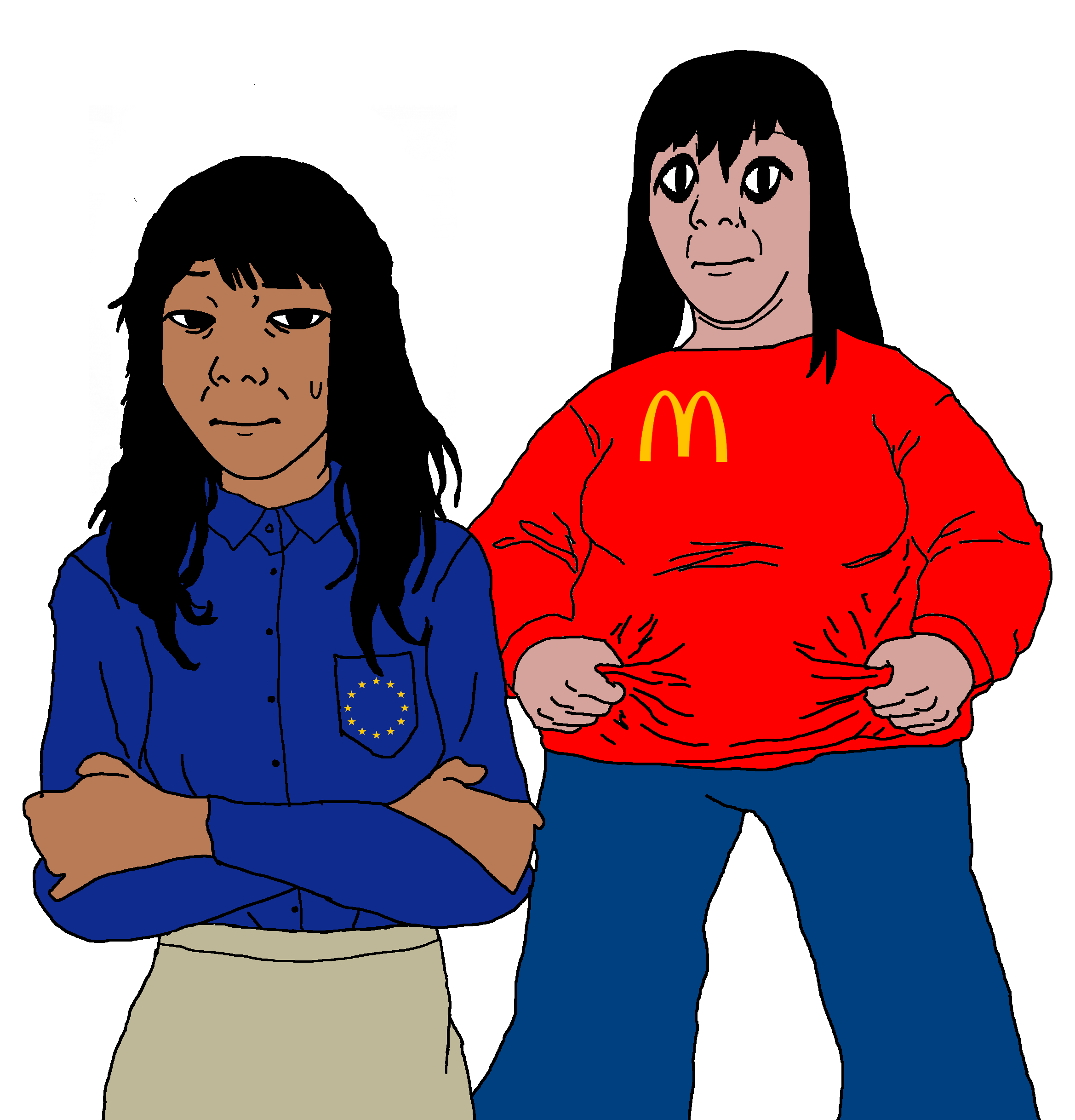 kuzjak, commiepedotroon, temuchan, amerimutt, euromutt, femjak, 2soyjaks, black eyes, black hair, blue shirt