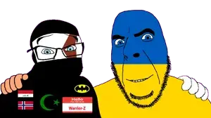 cobson, feraljak, 2soyjaks, allahu akbar, animal, arabic text, balaclava, bald, bat, batman logo