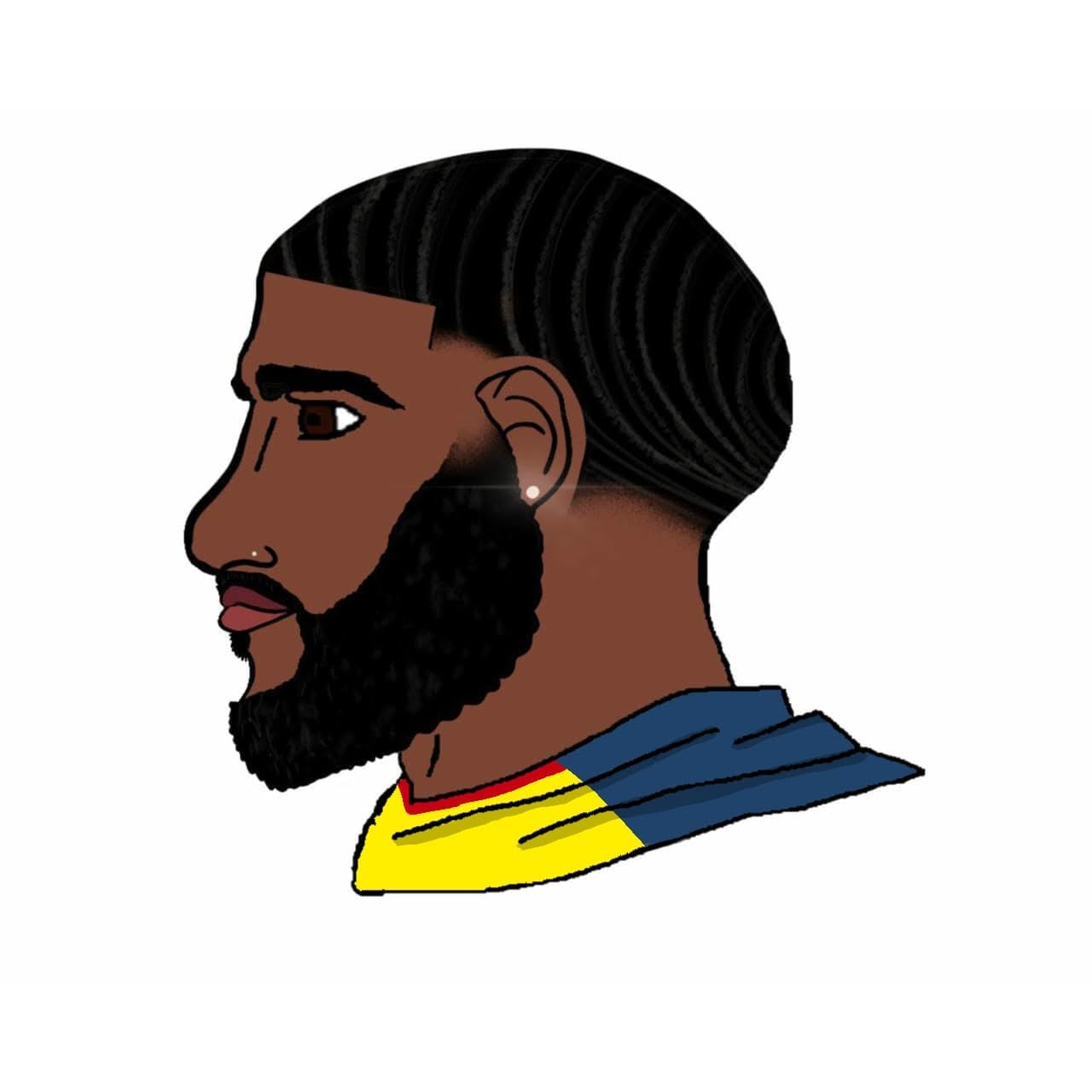 black tradcath, yes chad, beard, black hair, black skin, closed mouth, clothes, earring, hair, looking to the left