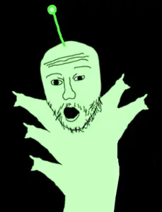 two pointing soyjaks, alien, antenna, glasses, green skin, multiple arms, open mouth, pointing, soyjak, stubble
