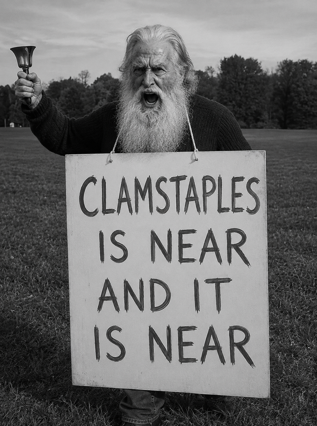 gigachad, old gigachad, apocalypse, beard, bell, clamstaples, field, full body, gray skin, hair