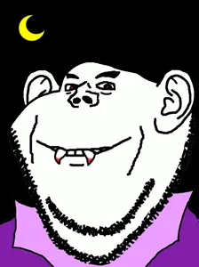 impish soyak ears, 1soyjak, bald, black background, bloodshot eyes, clothes, dracula, ear, halloween, looking at you
