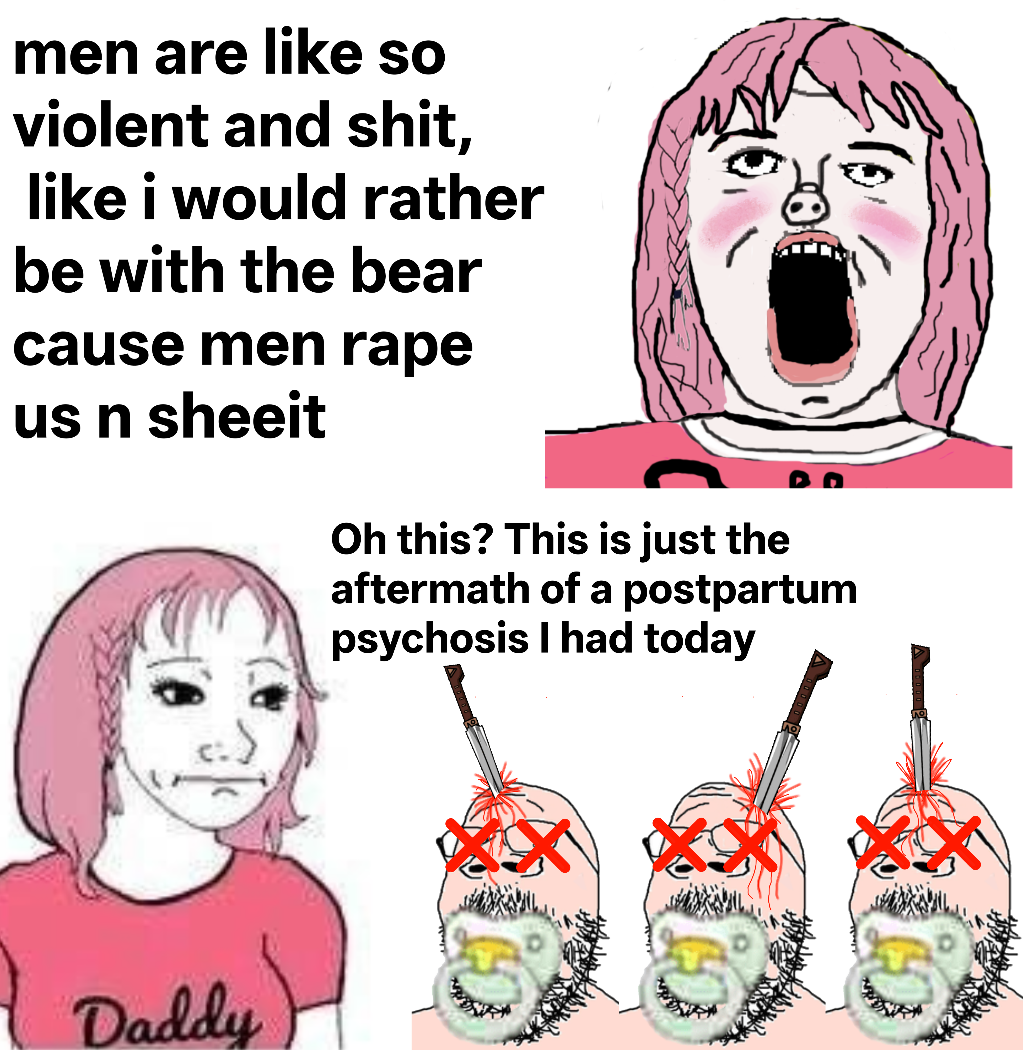daddy's girl wojak, wojak, a24 slowburn soyjak, gapejak, mustached gapejak, babyjak, 3soyjaks, abortion, bald, caca