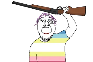 bernd, glasses, gun, hair, half body, half open mouth, holding gun, holding object, looking at you, minor attracted person