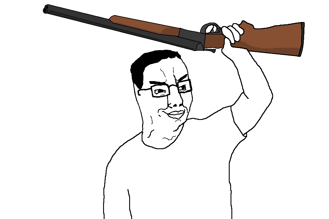 chudjak, 1soyjak, arm, black hair, closed mouth, clothes, double barrel shotgun, eyebrows, glasses, gun