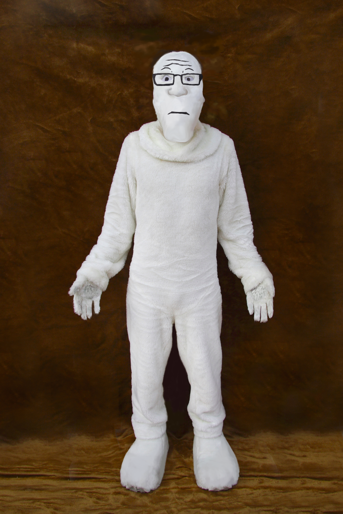 markiplier soyjak, neutralplier, 1soyjak, bald, black eyes, brown background, closed mouth, costume, front view, full body