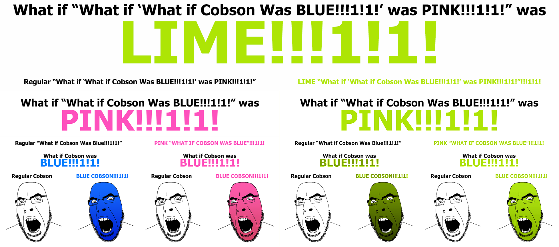 cobson, what if x was lime, 1soyjak, angry, bald, black eyes, blue, blue skin, blue text, food
