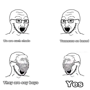 yes chad, soyak, soyak (crying), blonde hair, crying, hair, looking to the left, looking to the right, reddit meme, text