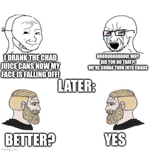 smug wojak, wojak, yes chad, soyak, soyak (crying), 3nas, blonde hair, crying, hair, looking to the left