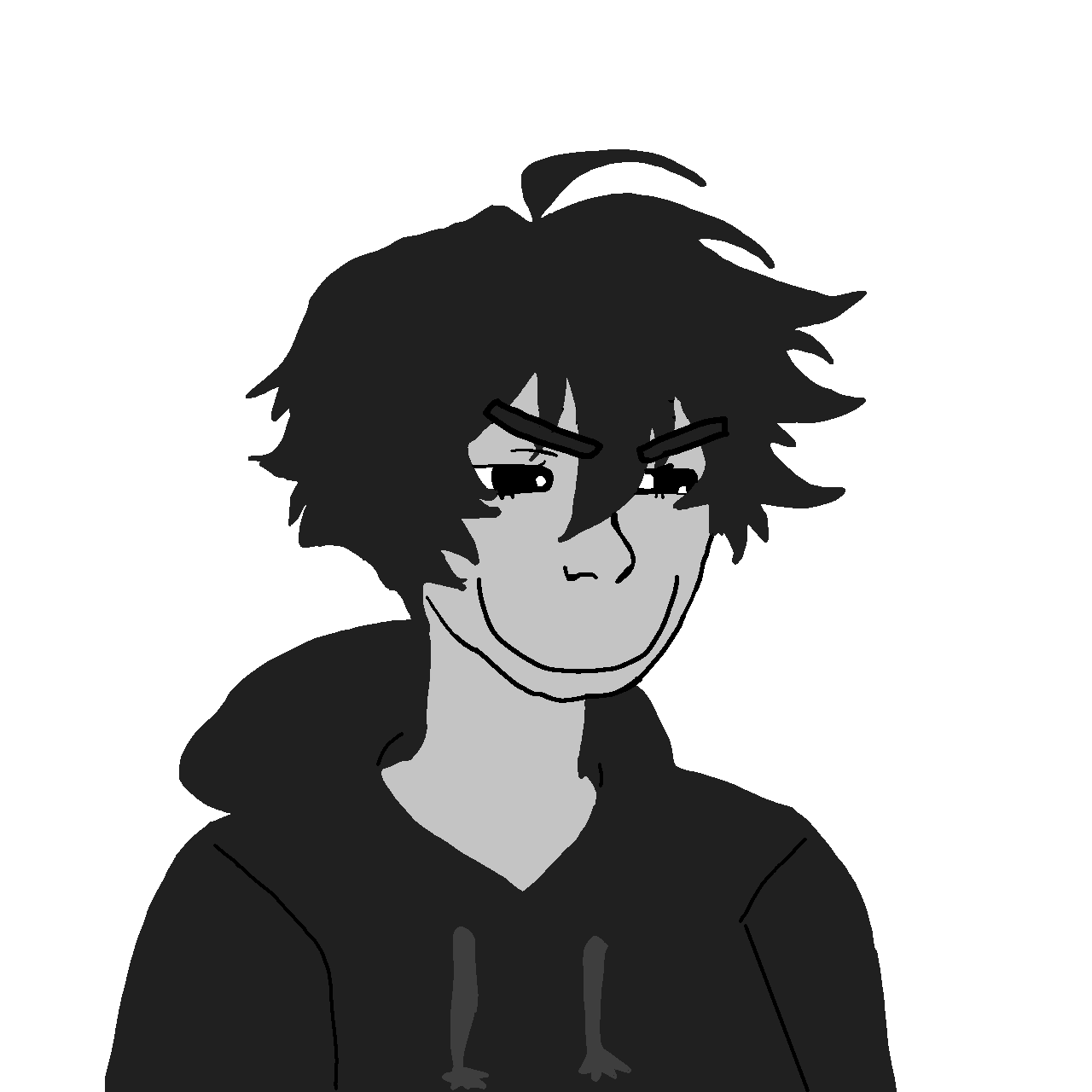 twinkjak, wojak, black eyes, black hair, closed mouth, gray hair, gray skin, hair, half body, long hair