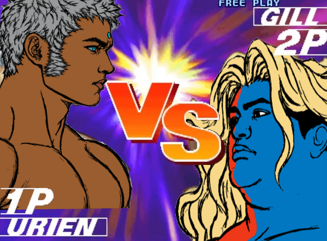 gill (street fighter), urien (street fighter), 1nas, black eyes, blonde hair, blue skin, closed mouth, drawn background, fat, front view