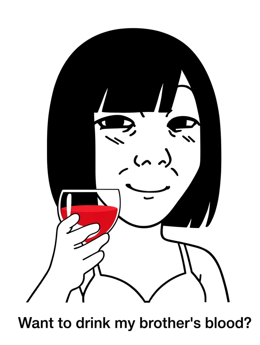 kuzjak, temuchan, femjak, want to drink?, 1soyjak, aids, black eyes, black hair, blood, closed mouth