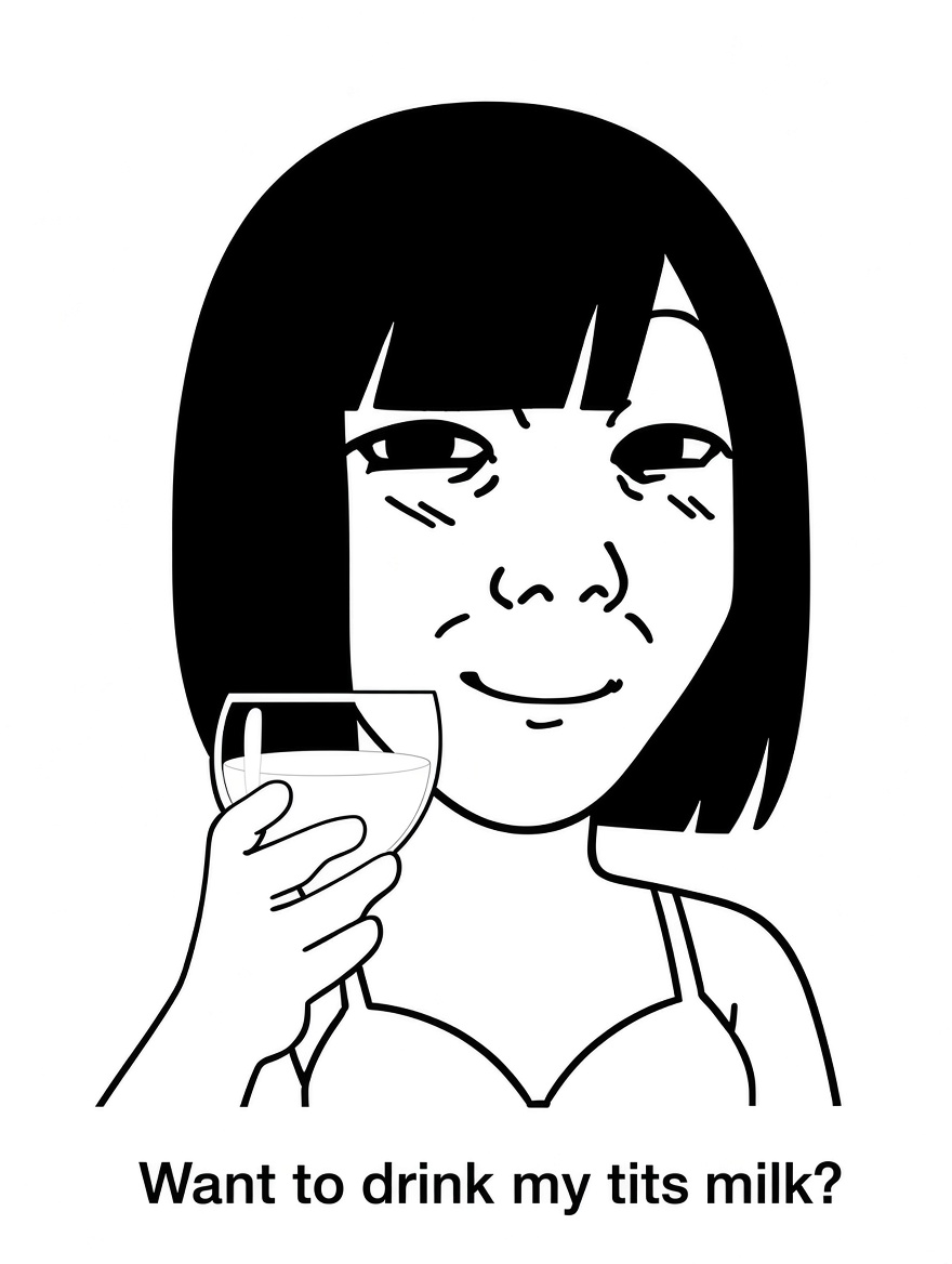 kuzjak, temuchan, femjak, want to drink?, 1soyjak, black eyes, black hair, breasts, closed mouth, female
