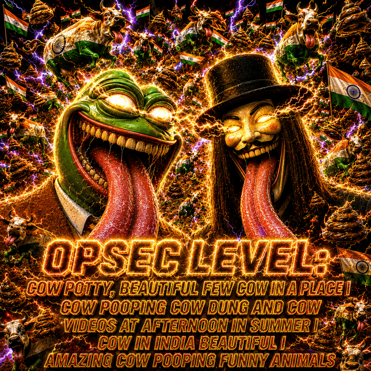 opsec demon, pepe, opsec level, animal, black hair, brown background, cow, esl, front view, gaping mouth