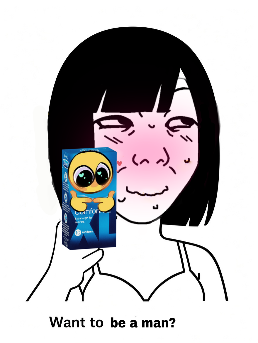 kuzjak, temuchan, femjak, want to drink?, 1soyjak, black eyes, black hair, cleavage, condom, female