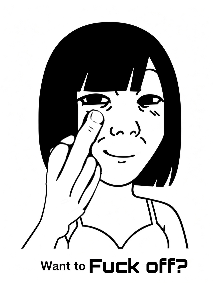 kuzjak, temuchan, femjak, want to drink?, 1soyjak, black eyes, black hair, closed mouth, female, fuck you