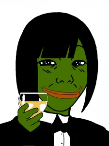 pepe, kuzjak, temuchan, femjak, want to drink?, 1soyjak, black eyes, black hair, closed mouth, female