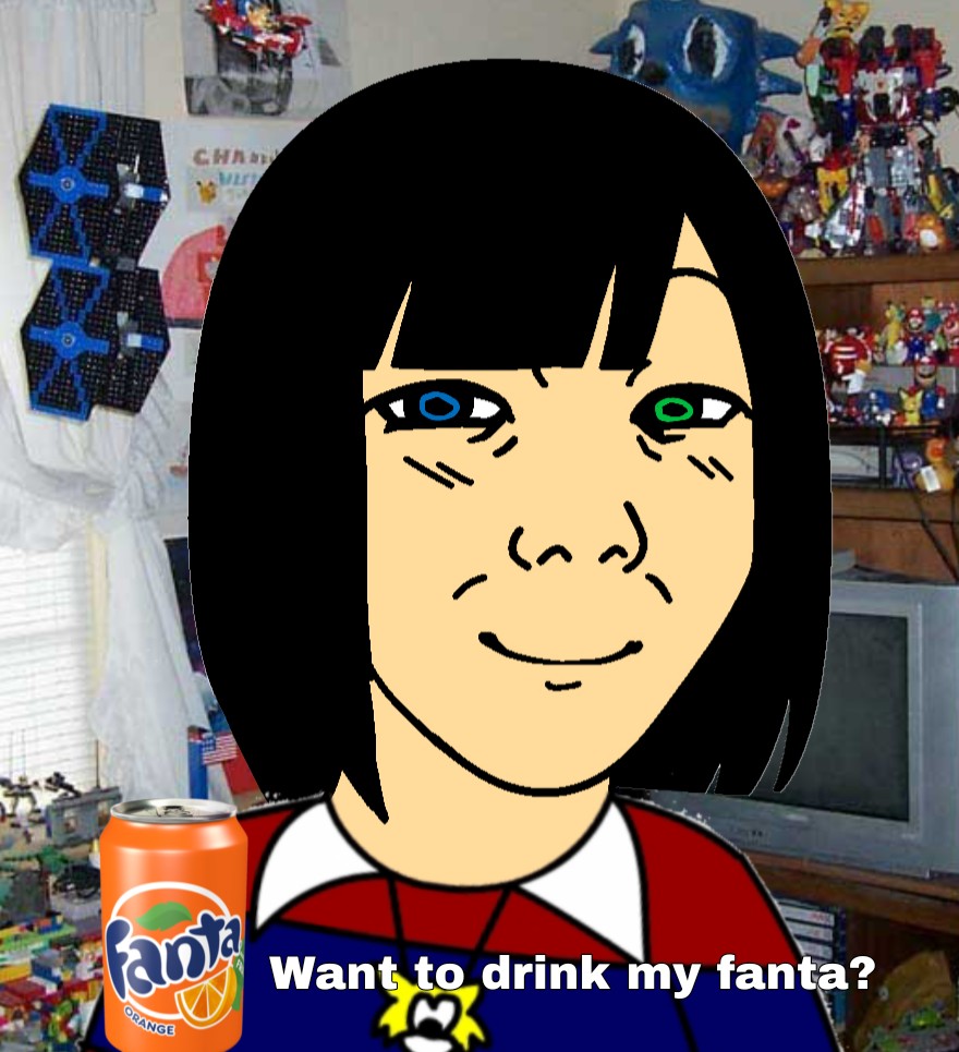 kuzjak, temuchan, femjak, want to drink?, 1soyjak, black hair, blue eyes, chris chan, closed mouth, fanta