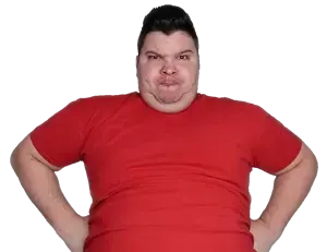 nikocado avocado, 1nas, angry, arm, black hair, chin, closed mouth, clothes, double chin, eyebrows