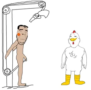 gapejak, female gapejak, gapejak chicken, femjak, gooner-killing machine, 2soyjaks, animal, anthro, beak, black hair
