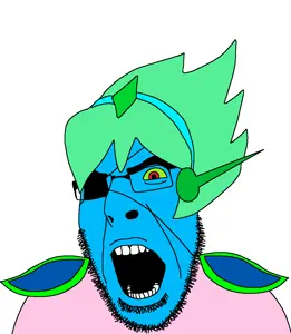 cobson, angry, blue skin, captain spaceboy, eyepatch, glasses, green hair, hair, open mouth, red eyes