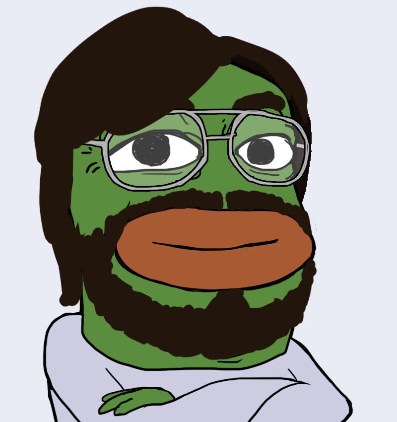 pepe, beard, black eyes, blue background, bob (frog), brown hair, closed mouth, front view, glasses, green skin