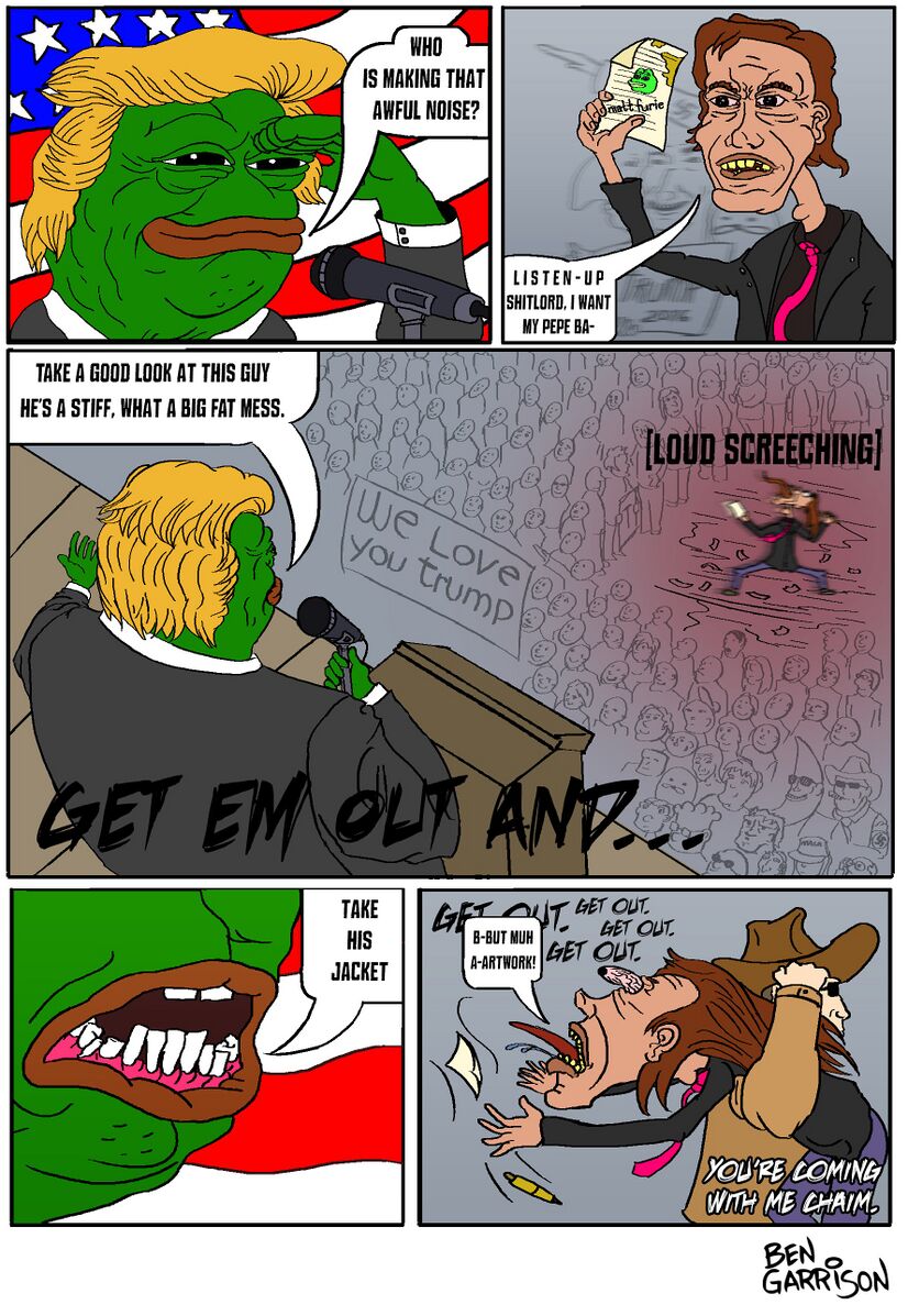 donald trump, moonman, pepe, wojak, ben garrison, blonde hair, blue eyes, buff, comic, drawn background