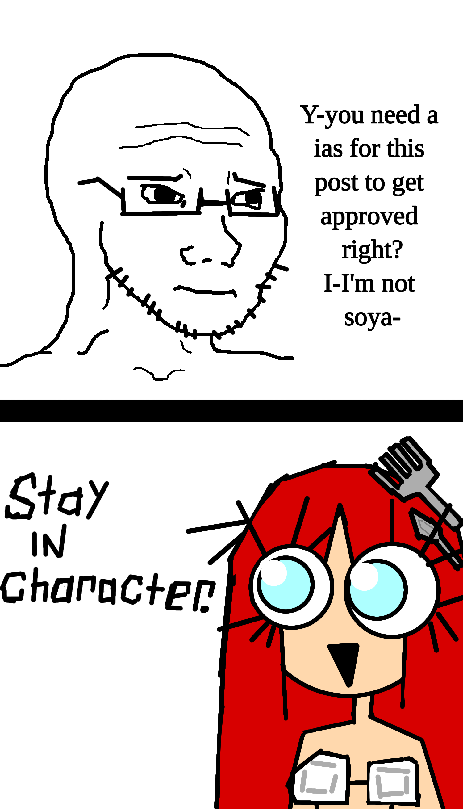 wojak, soyak, 1soyjak, blue eyes, concerned, confused, dialogue, fork, frown, glasses