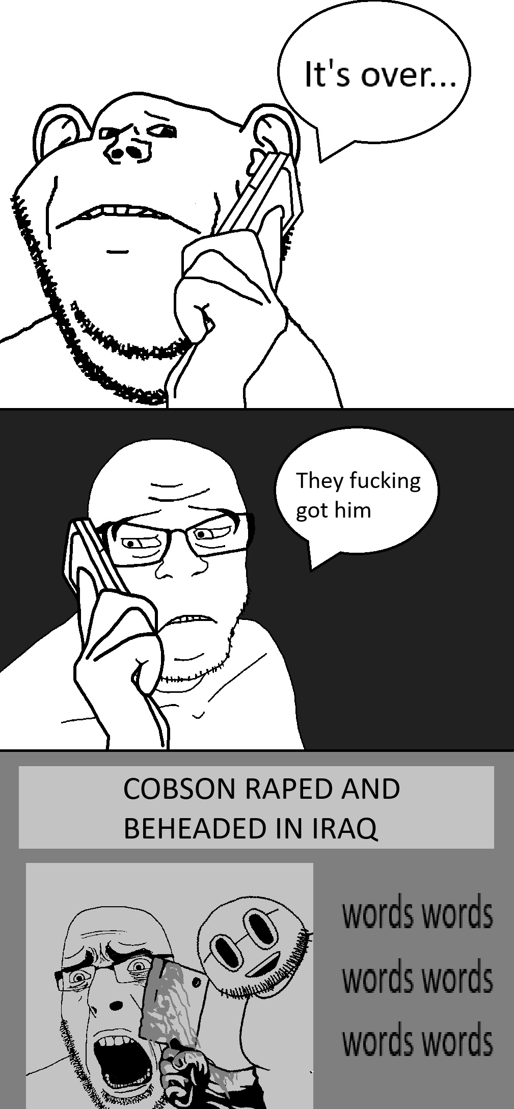 cobson, feraljak, impish soyak ears, jamesthegooisaretardedpaedocuck, wholesome feraljak, 4soyjaks, bald, black eyes, blood, calling