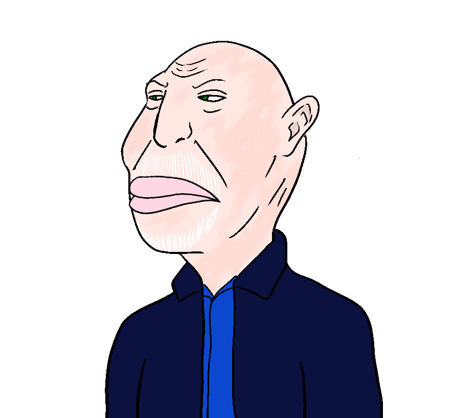 meximutt, brazilmutt, 1soyjak, angry, bald, big lips, blue shirt, closed mouth, ear, forehead wrinkles