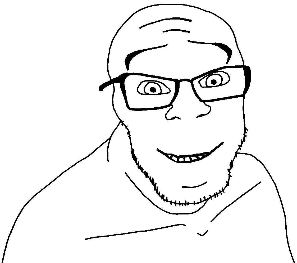 feraljak, wholesome feraljak, 1soyjak, bald, eyebrows, eyes, forehead lines, front view, glasses, half open mouth