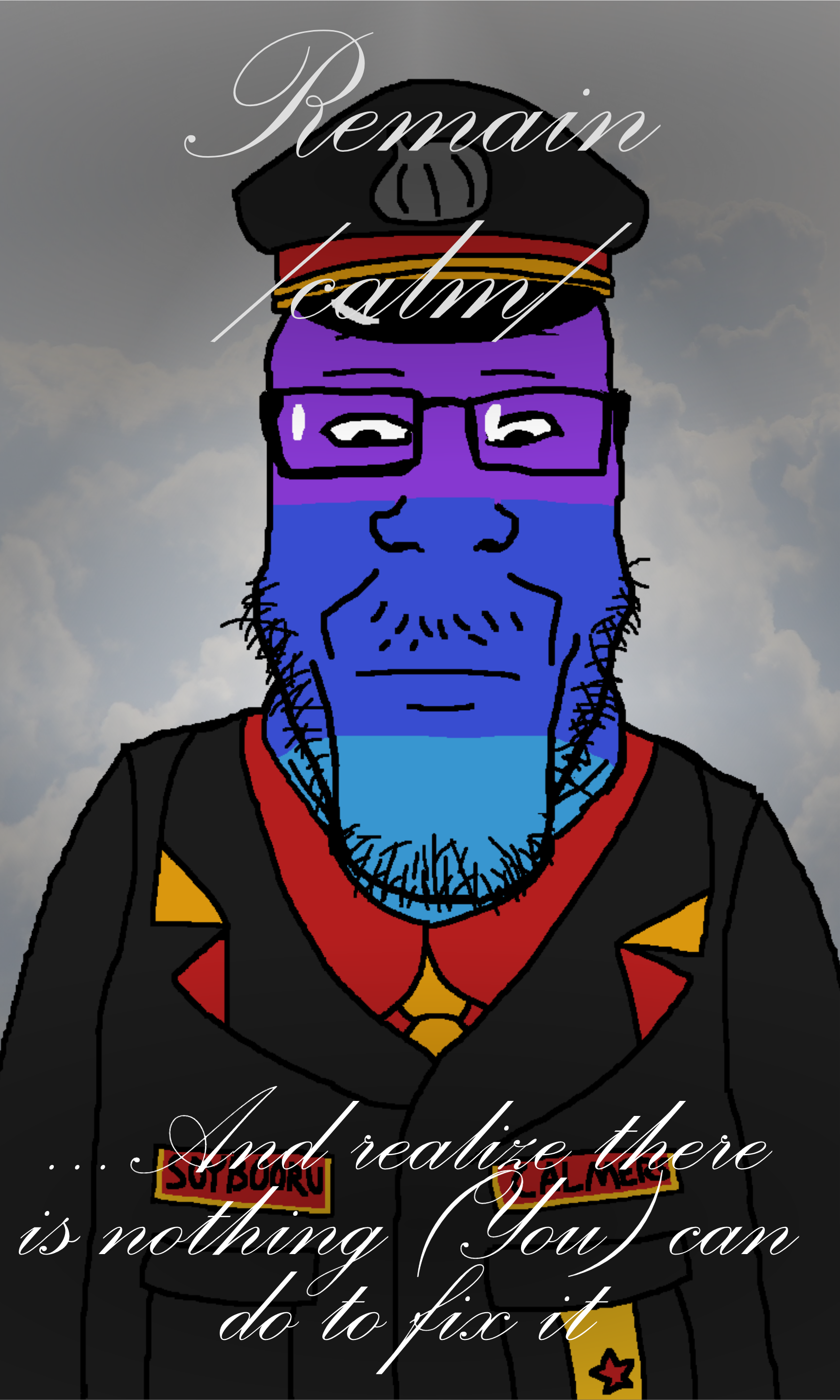 markiplier soyjak, soyak, the soybooru logo, calm, bald, black suit, cap, closed mouth, clothes, cloud