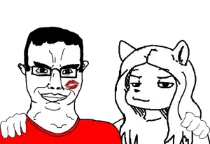 270893 - soybooru.com - 2soyjaks animal bald brown_hair cat_ear closed_mouth clothes dan ear eyebrows forehead_lines friendship front_view furry glasses glegle hair hand long_hair looking_at_you natejak no_glasses.png