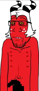 markiplier soyjak, 1soyjak, censor bar, closed mouth, glasses, hair, long hair, looking to the left, mercurypoison296, moxxie (helluva boss)