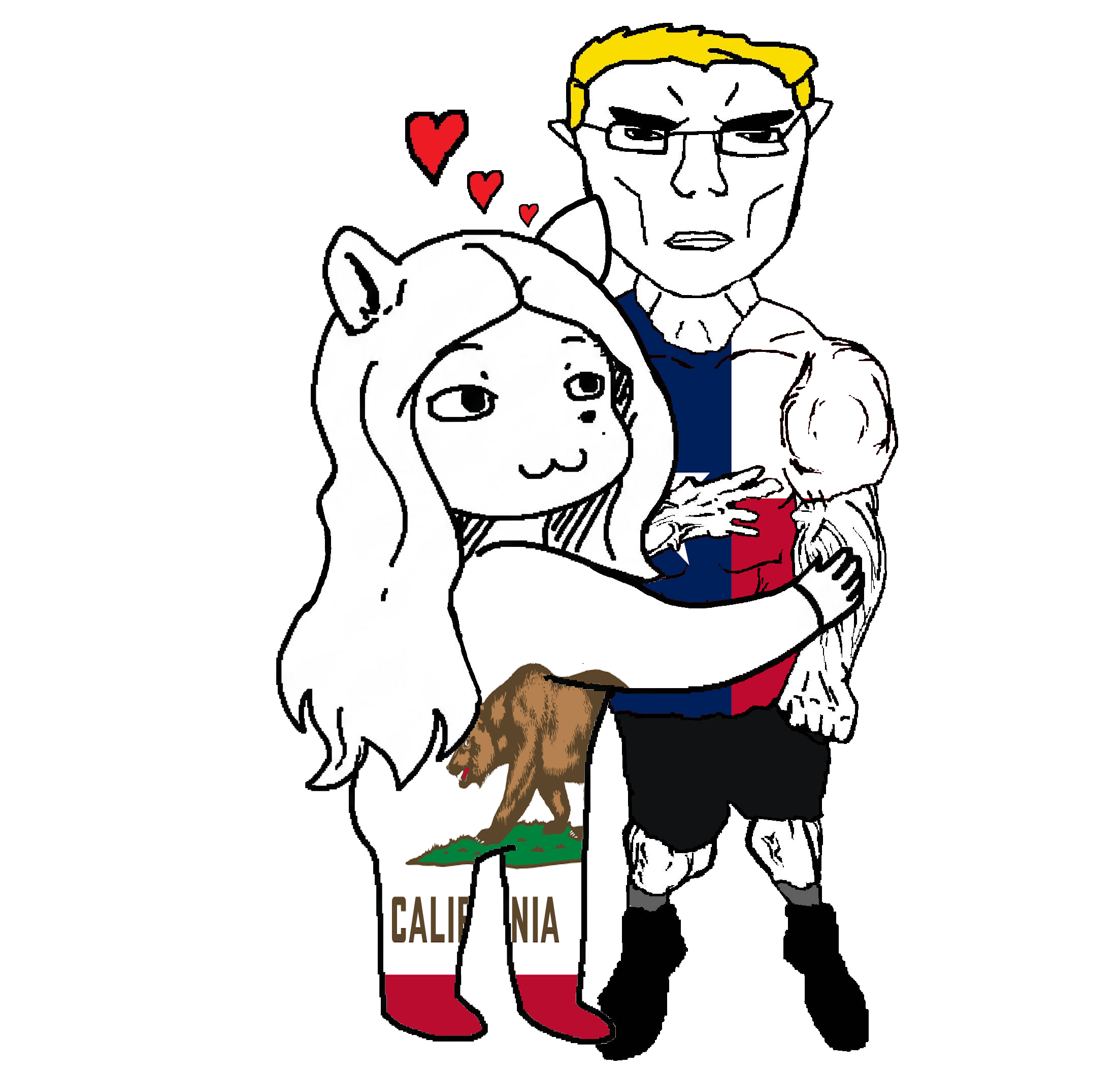 glegle, chudjak, chudjak front, 2soyjaks, blonde hair, buff, california, closed mouth, front view, full body