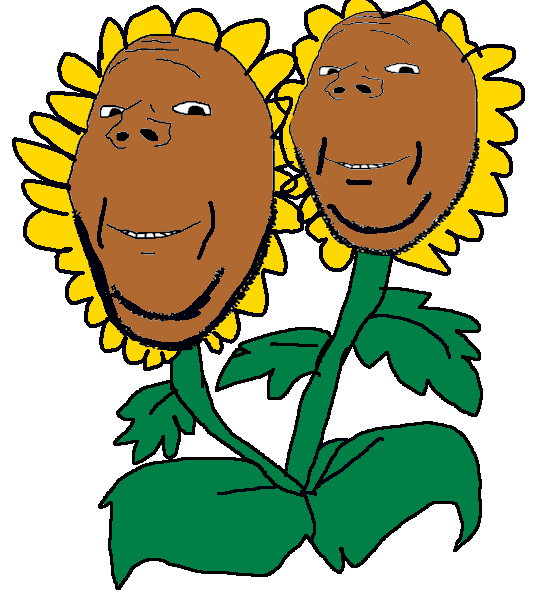 gapejak, wholesome soyjak, 2soyjaks, brown skin, closed mouth, flower, green leaf, leaf, looking at you, mutant