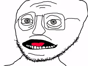 norman, 1soyjak, bald, front view, glasses, gray eyes, half body, half closed eyes, looking at you, open mouth