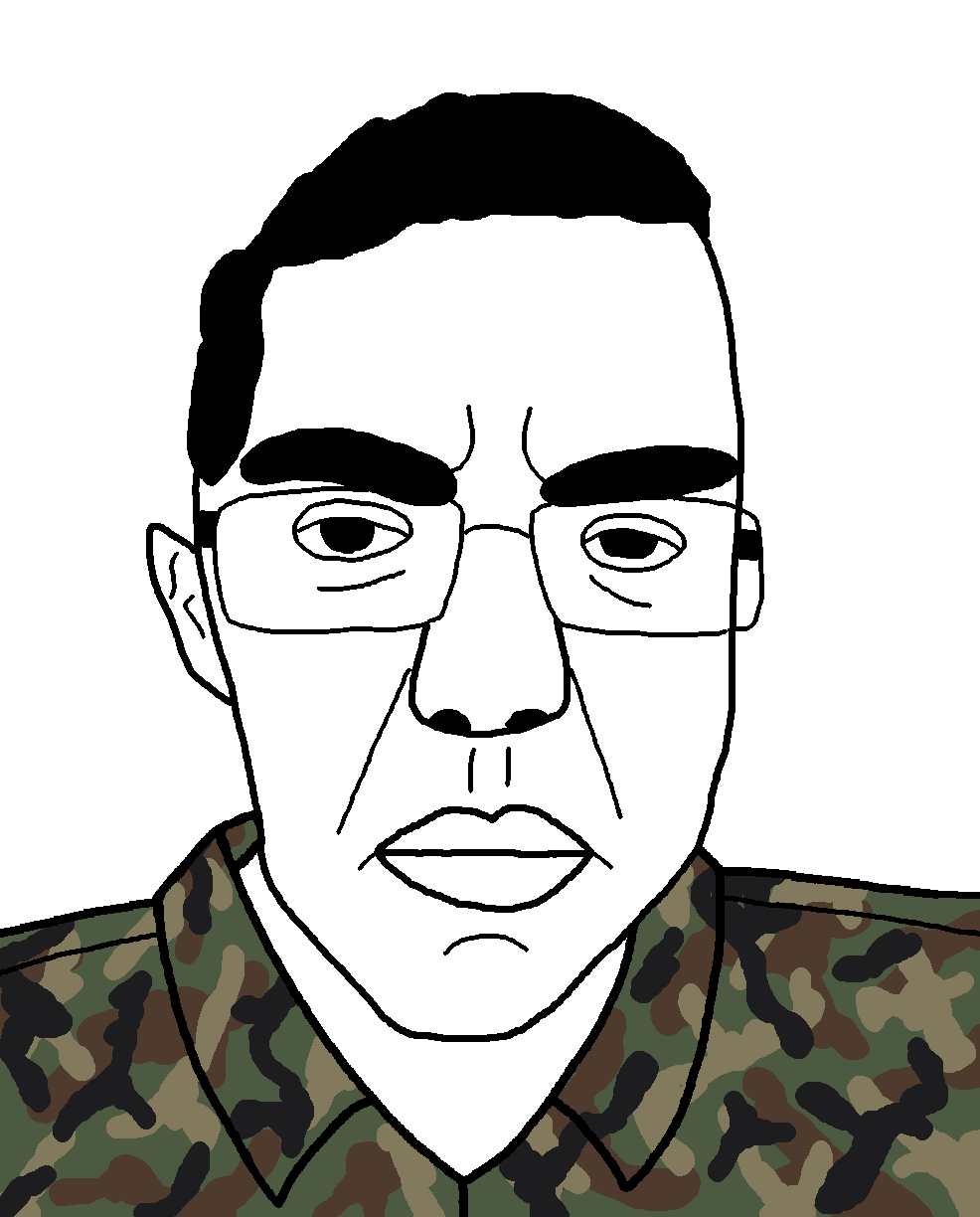 chudjak, patrick, big lips, black hair, bushy eyebrows, camo, camouflage, closed mouth, clothes, ear