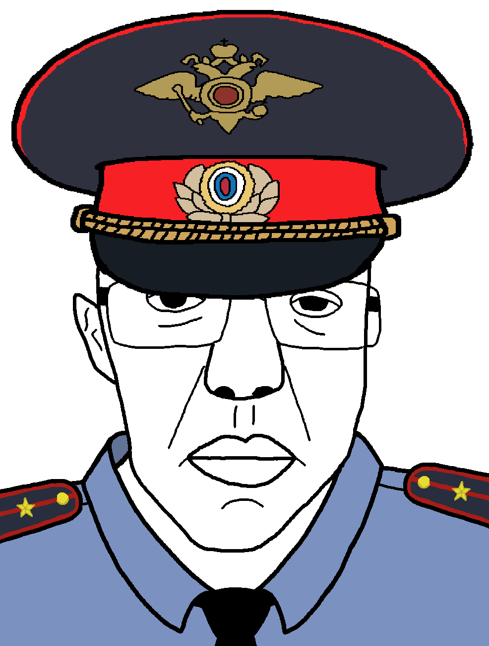 chudjak, patrick, 1soyjak, big lips, black hair, blue shirt, bushy eyebrows, chud, closed mouth, clothes